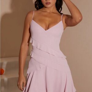 Oh Polly Asymmetric Multi Strap Ruffle Detail Mini Dress in Blush